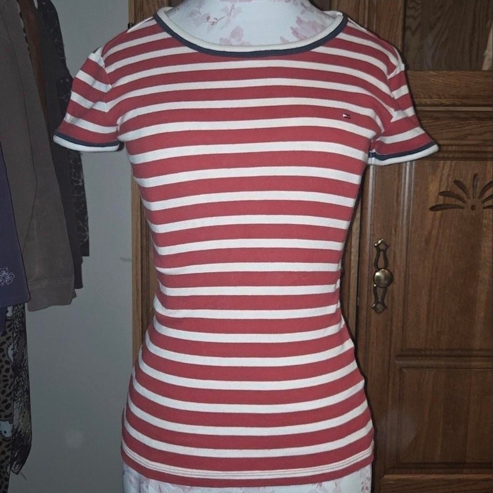 Tommy Hilfiger Red and White Striped Short Sleeve Tee